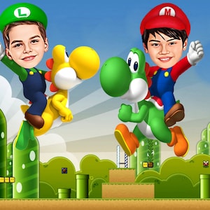 Retrato personalizado de Mario e Luigi Bros, obtenha seu próprio retrato de Mario a partir de sua foto, caricatura de Super Luigi, pôster digital presente de aniversário