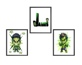 以下が含まれることがあります： ハルクのキャラクターが描かれた3つの額入りプリント。1つのプリントには、緑色の「J」とハルクのイラストで「JAMES」という名前が表示されています。他の2つのプリントは、スターバーストの背景でアクションポーズのハルクを紹介しています。