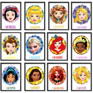 Juego de 12 impresiones de arte de pared con afirmaciones digitales, afirmaciones para niños, decoración de pared de princesas Chibi, afirmaciones &quot;I Am&quot;, impresión de afirmación positiva