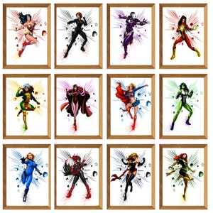Set Of 12 Female Marvel Superheroes , Digital Watercolor Marvel Poster, Avengers Wall Art, Nursery Room Wall Decor, Gift for Female and Wife
