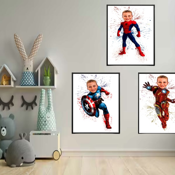 Custom Superhero Portrait Caricature, Personalized Marvel Captain America Cartoon Caricature, Digital Spiderman Print, Avengers Ironman gift