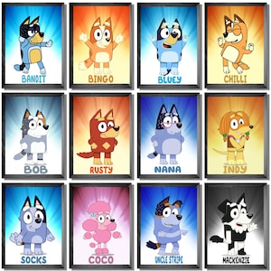 Set of 12 Digital Blue Puppy Watercolor Prints, Perfect for Kids' Room Decor, Cute Cartoon Dog Posters, Fun and Colorful Puppy Art