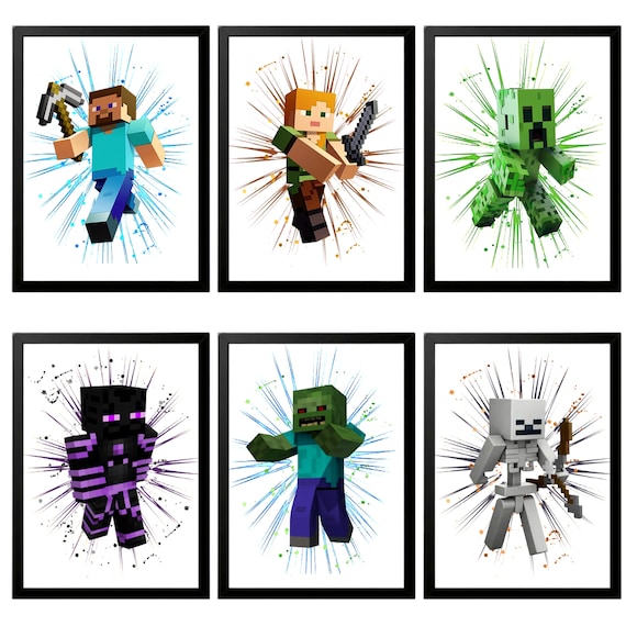 Minecraft-Digital Art Prints, 6-Piece Set, Pixel Style Wall Decor, Colorful and Fun Designs for Kids' Rooms and Gaming Spaces