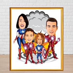 Benutzerdefinierte Super Familien Cartoon Portrait, Ironman Porträt, Familien Geschenk, Super Familie Karikatur, Superheld Karikatur, Captain America Cartoon