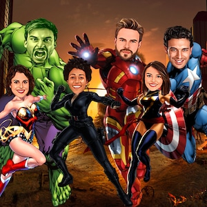 Set von 6 Superhelden Portrait Karikatur, benutzerdefinierte personalisierte Captain Marvel Black Widow Hulk Cartoon Poster, Digitaldruck Avenger Wandkunst