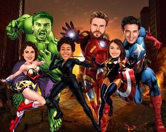 Ritratto di caricatura di supereroe personalizzato: poster dei cartoni animati degli Avengers (stampa digitale)