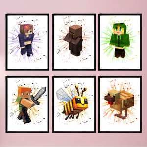 May include: Six framed Minecraft character prints. Each print features a different character with a watercolor splash effect in the background. Characters include a female character, a villager, a character in a green hoodie, Alex with a sword, a bee, and a chicken.