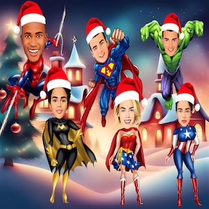 Caricatura ritratto supereroi di Natale, disegno poster cartone animato personalizzato personalizzato, regalo amici stampa digitale, arte murale amici, Natale