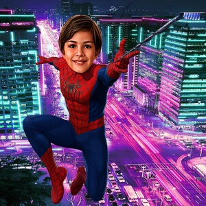 Benutzerdefinierte Spiderman Portrait Karikatur, personalisierte Marvel Sofortiger Download Toonme Cartoon, digitale Superhelden Drucke Avengers Geburtstagsgeschenk