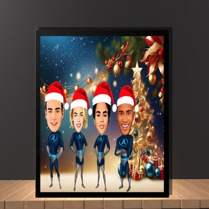 Weihnachten Superhelden Porträt Karikatur, individuell gestaltete Cartoon Poster Zeichnung, Digitaldruck Freunde Geschenk, Freunde Wandkunst, Weihnachten