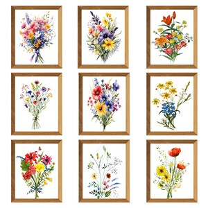 水彩花柄プリントセット：野花のボタニカルアート（デジタルダウンロード）