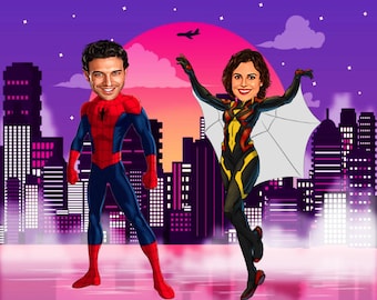 Custom Superhero Couple Caricature: Spiderman & Ironman Cartoon Portrait (Digital Print)