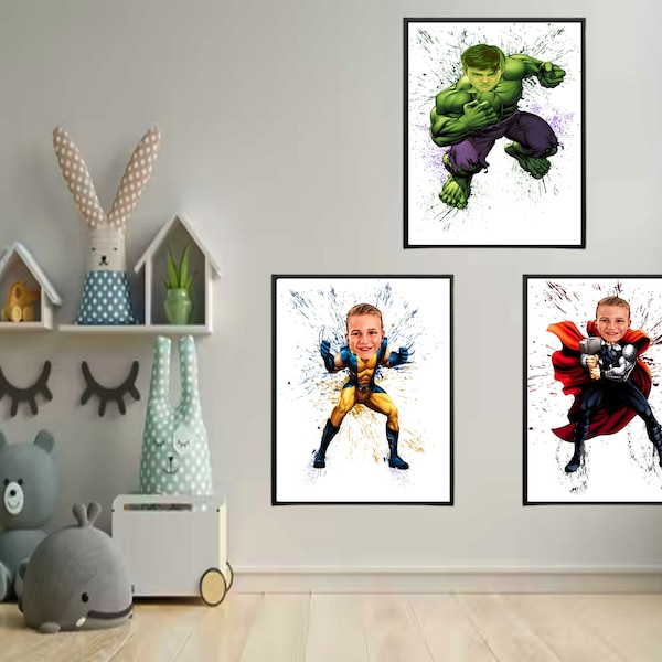 Custom Digital Superhero Portrait Caricature, Personalized Marvel Thor  Cartoon Caricature, Digital Hulk Print, Avenger Figure for Boys Room