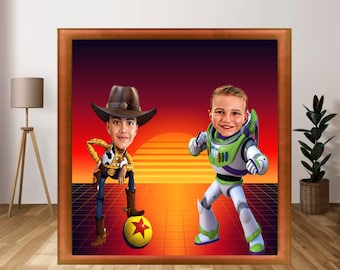 Anpassat Woody & Buzz Lightyear-porträtt: Personlig superhjältekarikatyr (digital nedladdning)