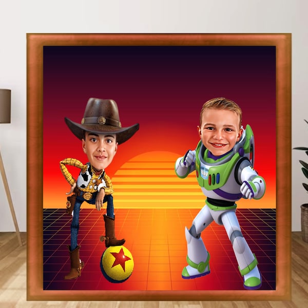 Custom Woody & Buzz Lightyear Portrait: Personalized Superhero Caricature (Digital Download)