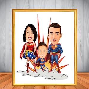 Benutzerdefinierte Super Familien Cartoon Porträt, Familien Porträt, Familien Geschenk, Super Familie Karikatur, Superheld Karikatur, Karikatur vom Foto
