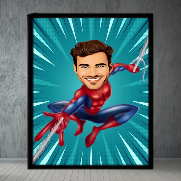 Digital Superhero Portrait Caricature, Personalized Marvel Spiderman Cartoon Caricature, Custom Print, Avengers Birthday Gift, Gift for Boys