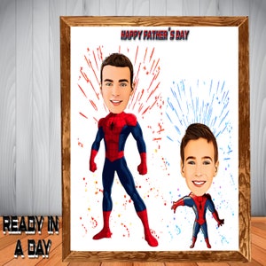 Digital personalisiertes Super Dad und Sohn Cartoon Portrait, benutzerdefinierte Super Vater und Sohn Karikatur vom Foto, Papa Karikatur, Geschenk für Papa