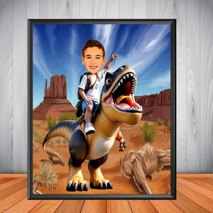 Digital Personalized Child Riding T-Rex Jurassic Dinosaur Art, Custom Portrait From Photo, Dinosaur Birthday Party Gifts for Boys and Girls