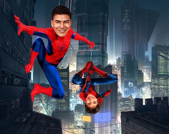 May include: Two people dressed as Spider-Man are swinging through a city skyline. The person in the foreground is facing the camera, while the person in the background is upside down.