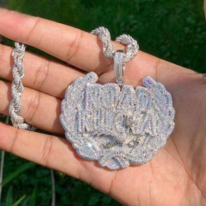 Collar con colgante de circonita cúbica 5AAA+ con diseño de hip hop brillante, chapado en oro real de 14 k, con cadena de cuerda de 18 y 20 pulgadas.