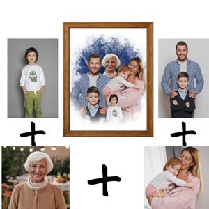 Peut inclure: Un portrait de famille encadré avec un fond de style aquarelle. Le portrait représente une famille de sept personnes, dont un enfant portant un t-shirt blanc à manches longues avec un motif. Des images supplémentaires montrent des membres de la famille et un enfant portant un t-shirt similaire.