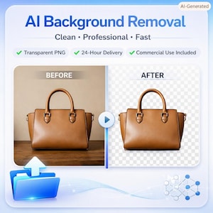 Peut inclure: Une publicité de service numérique pour la suppression d'arrière-plan par IA montrant un sac à main en cuir beige. La partie gauche affiche le sac sur une surface en bois marquée AVANT, et la droite sur un fond transparent marquée APRÈS.