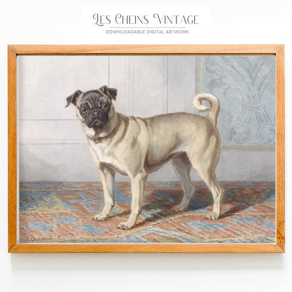 Pug Printable artwork | Downloadable art Les Chiens Vintage | Regal Gold frame artwork | Pug portrait wall art | vintage fawn pug art
