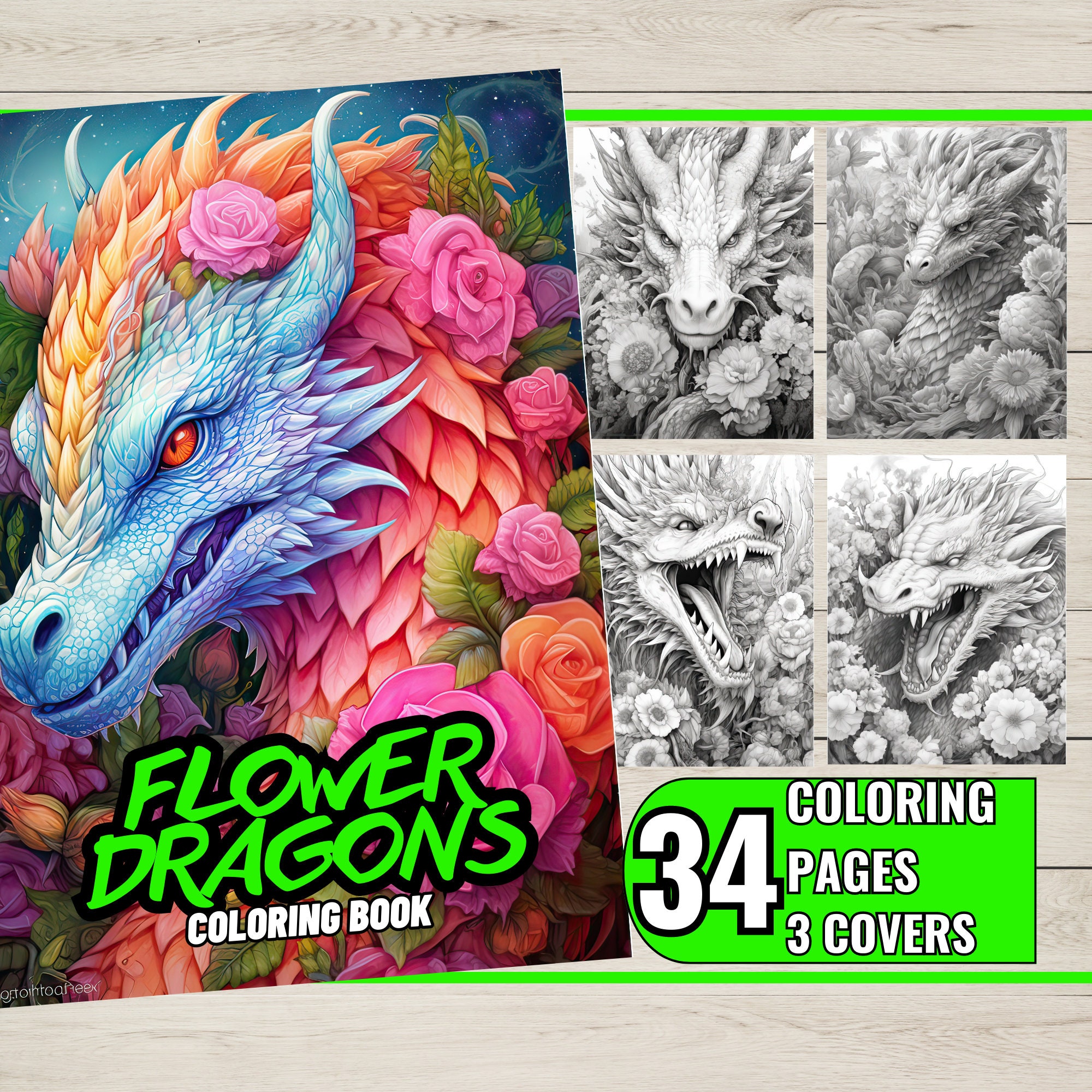 34 Flower Dragon Coloring Page Book Adults Kids Instant - Etsy