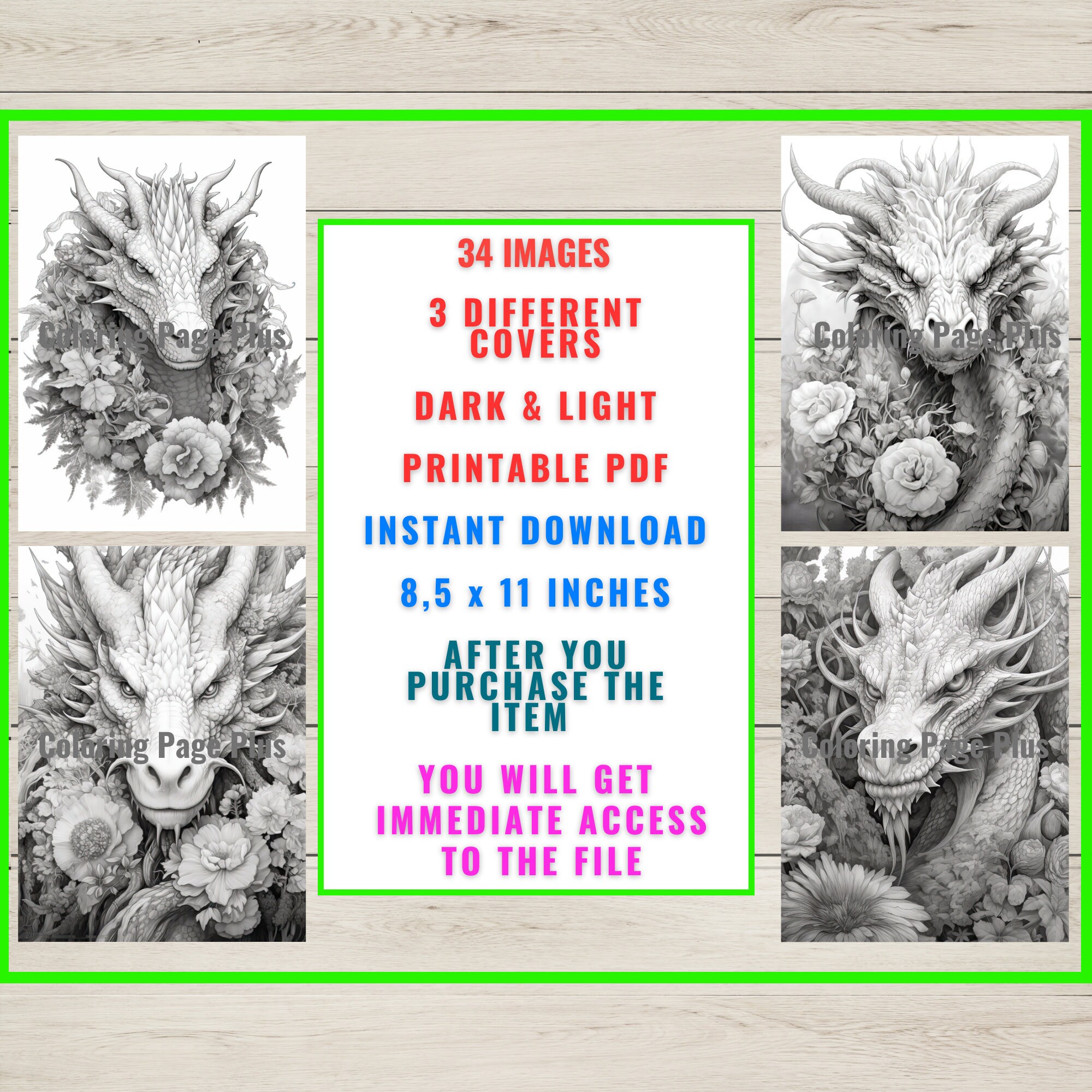 34 Flower Dragon Coloring Page Book Adults Kids Instant Etsy