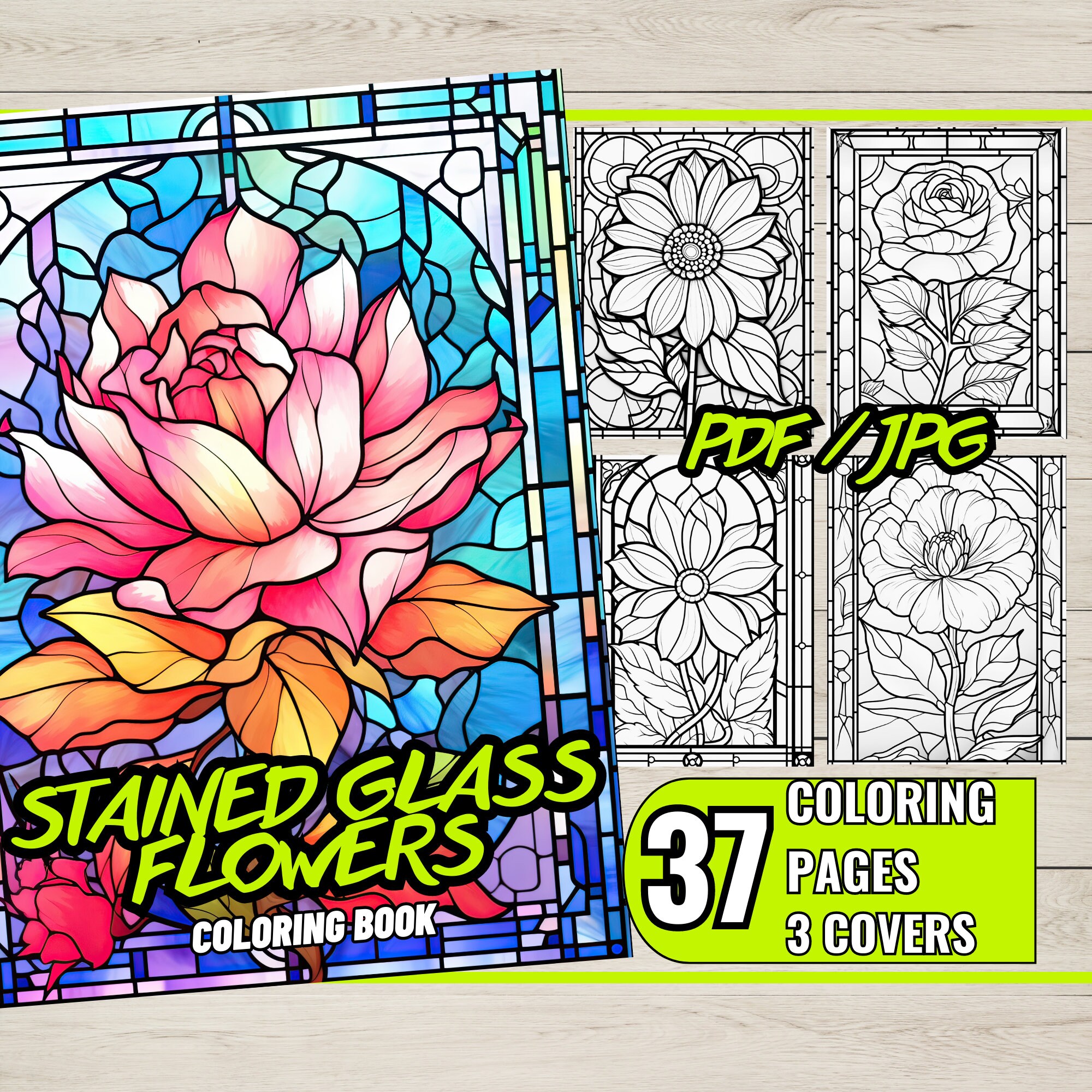 37 Stained Glass Flower Coloring Page Book,Adults kids Instant Download