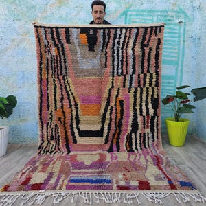 Handmade Beni Ourain Rug: Moroccan Berber Wool Carpet, Abstract  design