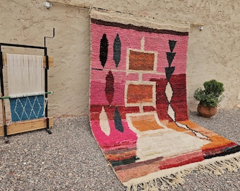 Pink & Orange Boho Rug – Handmade Geometric Shag Tapestry