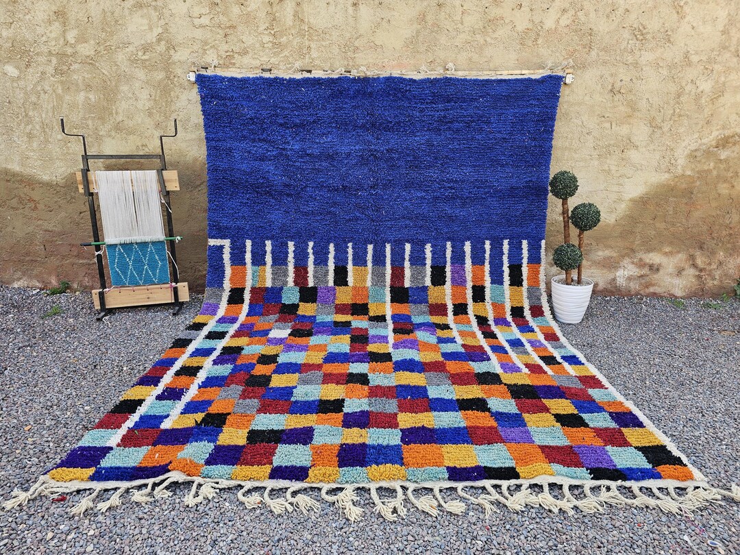Blue Checked Rug Handwoven Wool Moroccan Blue Rug – Colorful Berber Abstract Checkered ...