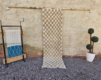 Handmade Beni Ourain Checkered Rug 2,3x8 ft -Moroccan Wool Runner-Beige and Cream Checkerboard Hallway Carpet-Custom Berber Rug for Entryway