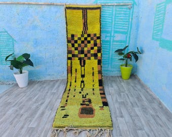 Handmade Yellow Moroccan Runner Rug: Lambswool Boujaad Hallway Rug