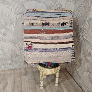 Handwoven Berber Kilim Pouf Cover: Bohemian Shaggy Wool Floor Cushion  (60x60)