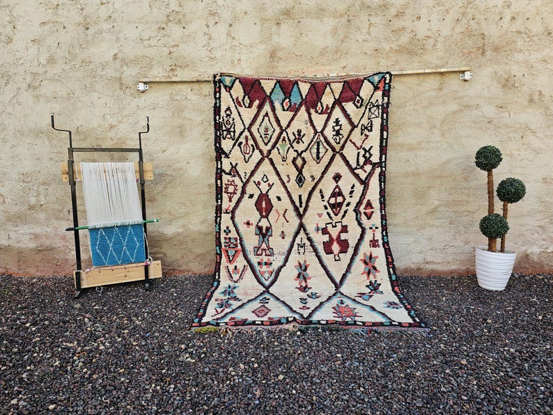 Authentic Hand-knotted Azilal Rug - Cream With Abstract Geometric ...