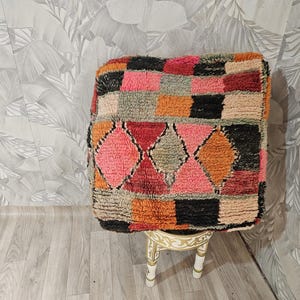 Handwoven Berber Kilim Pouf: Bohemian Shaggy Wool Floor Cushion (60x60)