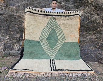 Green Beni Ourain Rug: Abstract Berber Wool Carpet