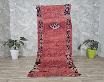 Handmade Red Wool Hallway Runner Rug: Moroccan Home Decor (3.7x8 ft.)