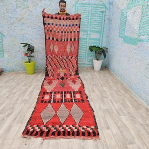 Boujaad Moroccan rug-Vintage Boujaad Rug Runner-red Runner Rugs For Bedroom Aesthetic-Handmade Wool Rug-Bohemian Rug-Tribal Berber Rug