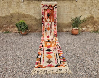 Marokkanischer Teppich, farbenfroher Läufer, Boho-Flurteppich, handgeknüpfter geometrischer Berberteppich, authentischer cremefarbener Wollläufer, versandkostenfrei
