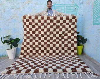 Handmade Moroccan Checker Rug: Dark Beige Wool, Handwoven Area Rug