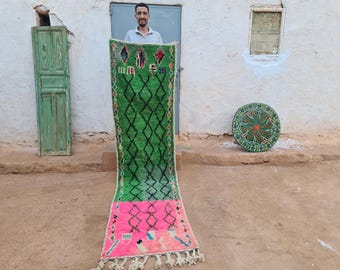 CUSTOM MOROCCAN RUNNER, Handmade Abstract Hallway Rug, Authentic Moroccan Wool Rug, Pink and Green Runner, Funky Berber Rug.
