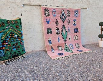 Handmade Moroccan Berber Rug – Peach Boucherouite Carpet with Geometric Tribal Symbols, Boho Home Decor