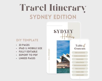 Plantilla para iPad y móvil con itinerario de viajes de vacaciones en Sídney. Planificador de viajes editable digital. Organizador de viajes Canva. Guía de vacaciones en Australia