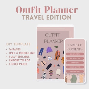 Outfitplanner voor reizen. Canva-sjabloon Outfitplanning. Digitaal sjabloon voor mobiel en iPad. Directe download. Kledingkast. Reisroute