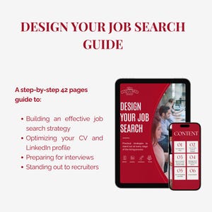 Op de afbeelding: Een digitale gids voor het zoeken naar werk van 42 pagina's op een tablet en smartphone. De rode omslag bevat de tekst DESIGN YOUR JOB SEARCH en het logo The Recruiter Lens. De lijst bevat strategie, cv, LinkedIn en sollicitatiegesprekken.