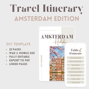 Op de afbeelding: Een digitale sjabloon voor een reisroute naar Amsterdam. De sjabloon is volledig bewerkbaar en bevat 23 pagina's, een inhoudsopgave, een reisoverzicht, een dagschema, tourinformatie, attracties, Instagram-spots, restaurants, feesttijd en een checklist. De sjabloon is ontworpen voor iPad en mobiele apparaten en kan worden geëxporteerd naar PDF.